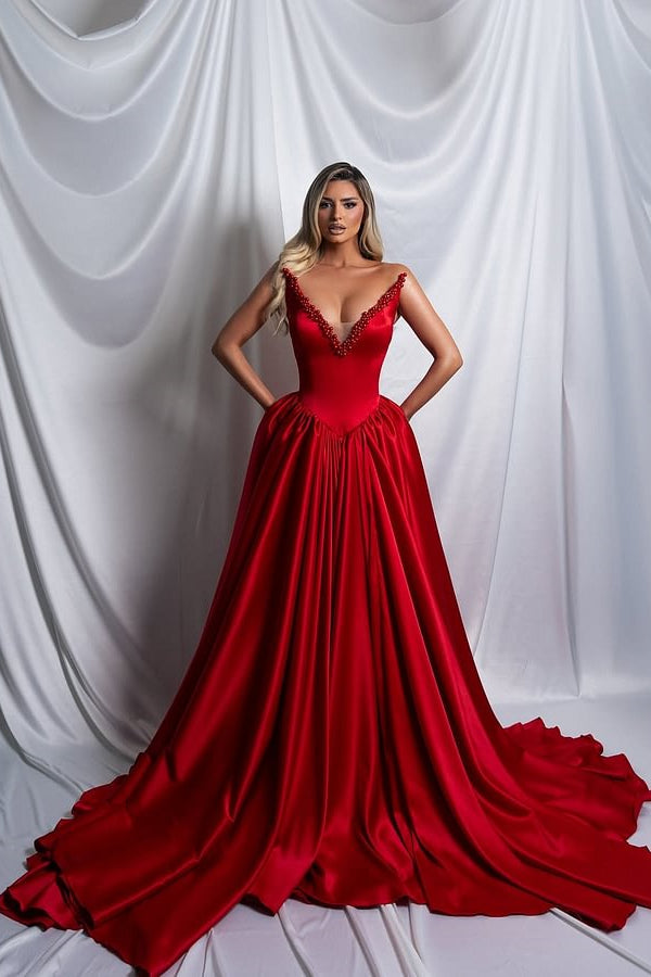 Beautiful Red V-Neck Strapless Satin Prom Dresses Sleeveless A-Line With Pearls Pleats