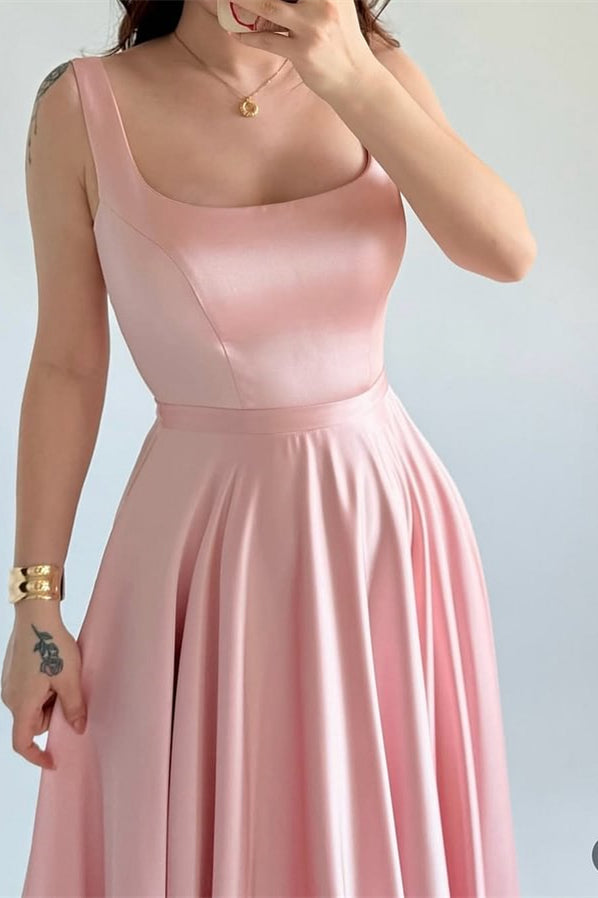 Chic Pink Square Straps Sleeveless Prom Dresses Satin Lace-UP Back With Pleats