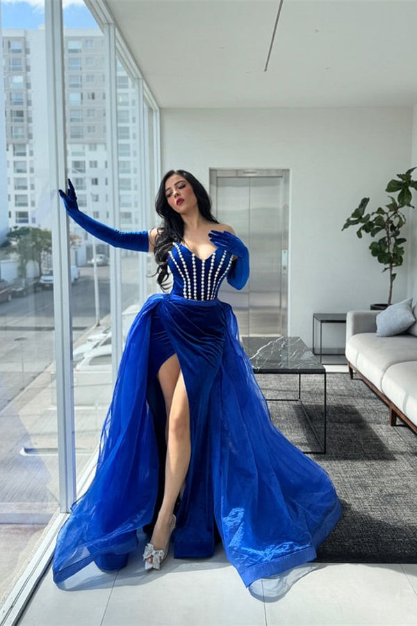 Gorgeous Royal Blue Sweetheart Strapless Prom Dresses Mermaid High Slit Sleeves With Pearls