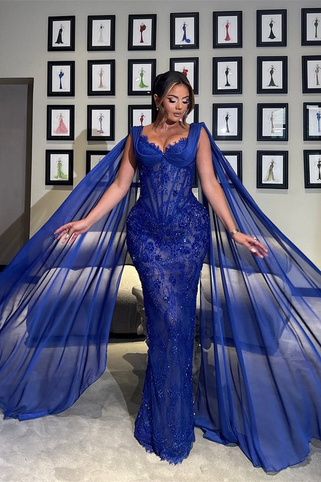 Luxury Royal Blue V-neck Lace Mermaid Prom Dresses Sleeveless Sheath Ribbons With Beads