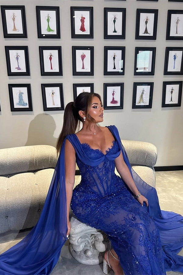 Luxury Royal Blue V-neck Lace Mermaid Prom Dresses Sleeveless Sheath Ribbons With Beads