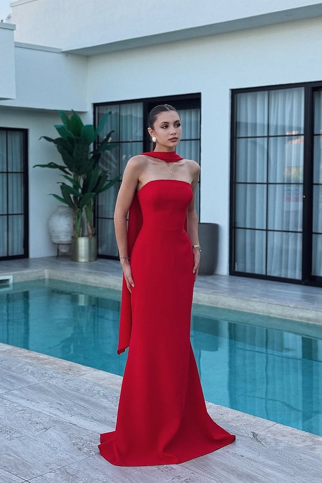 Charming Red Strapless Satin Mermaid Prom Dresses Floor Length Sleeveless On Sale