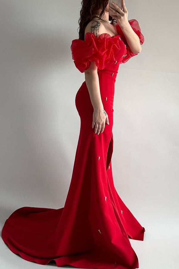 Elegant Red Strapless Mermaid Prom Dresses Bubbles Sleeves High Slit Sheath With Pearls