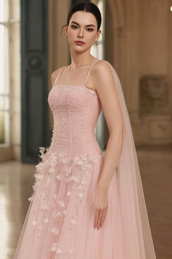 Gorgeous Pink Spaghetti-Straps Tulle Prom Dresses A-Line Ribbon Sleeveless With Beads Flower
