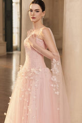 Gorgeous Pink Spaghetti-Straps Tulle Prom Dresses A-Line Ribbon Sleeveless With Beads Flower