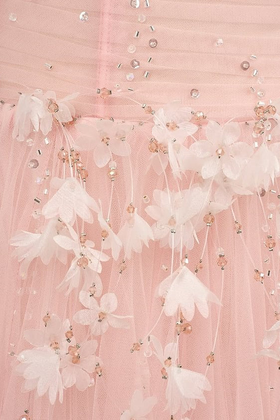 Gorgeous Pink Spaghetti-Straps Tulle Prom Dresses A-Line Ribbon Sleeveless With Beads Flower