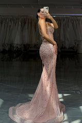 Beautiful Sweetheart Sleeveless Mermaid Prom Dresses Lace-Up Back Strapless Gem With Beads