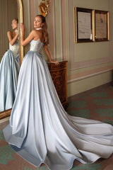 Elegant Sky Blue Sweetheart Satin A-Line Prom Dresses Bubbles Sleeves High Slit With Pleats Beads