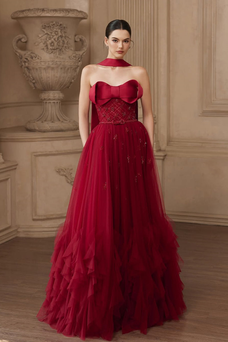 Popular Burgundy Strapless Tulle A-Line Prom Dresses Sleeveless Gem With Bow Knot Beadings