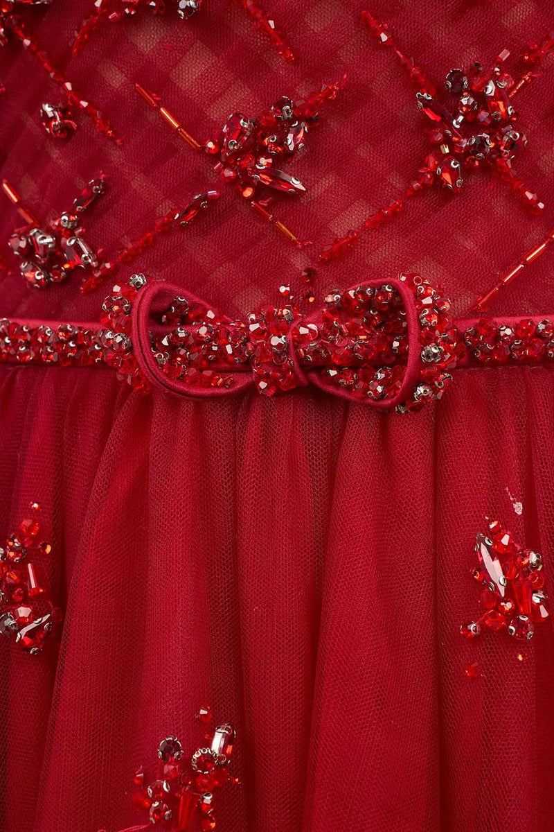 Popular Burgundy Strapless Tulle A-Line Prom Dresses Sleeveless Gem With Bow Knot Beadings