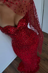 Gorgeous Red Sweetheart Mermaid Prom Dresses Sleeveless Strapless With Gem