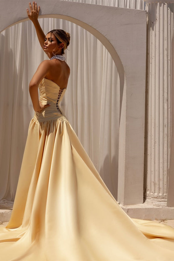 Beautiful Strapless Satin Prom Dresses A-Line Sleeveless Lace-Up-Back With Bow Knot Pleats