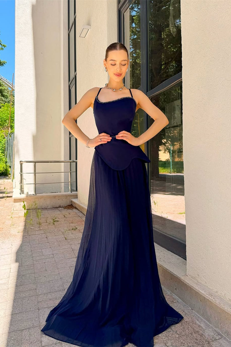 Chic Navy Blue Spaghetti-Strap Prom Dresses Sleeveless Floor Length Pleats With Pearls