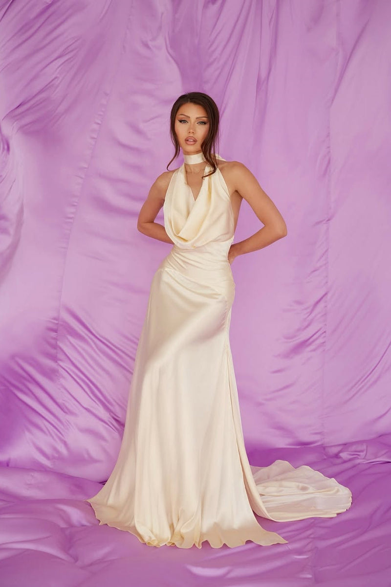 Luxury Halter Sleeveless Satin Prom Dresses Backless Long With Side Slit