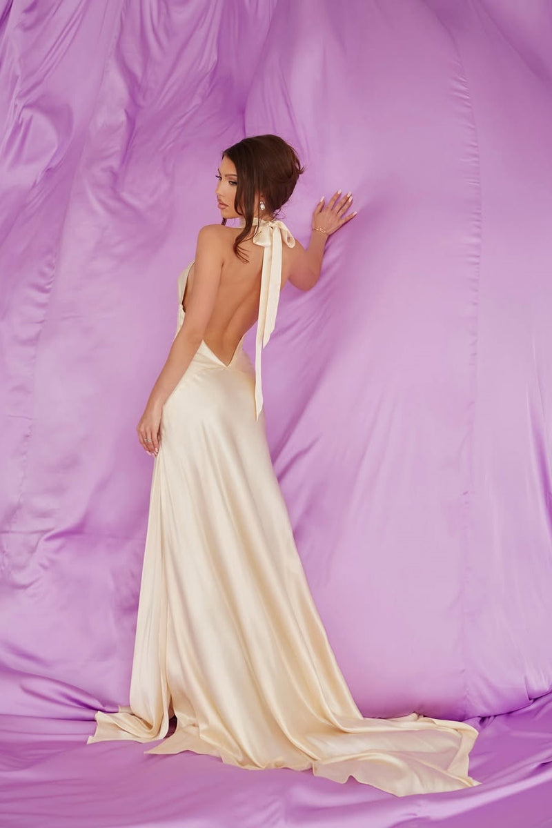 Luxury Halter Sleeveless Satin Prom Dresses Backless Long With Side Slit