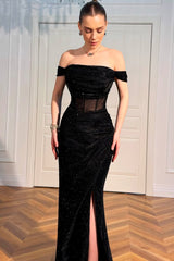 Sharking Black Mermaid Off-The-Shoulder Prom Dresses Sleeveless High Slit With Beadings