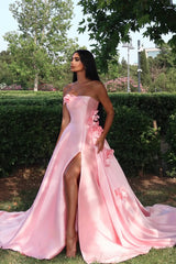 Chic Pink Satin Strapless Sleeveless Prom Dress High Slit A-Line With Flower