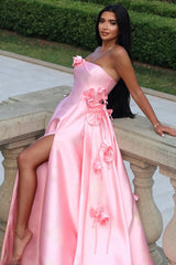 Chic Pink Satin Strapless Sleeveless Prom Dress High Slit A-Line With Flower