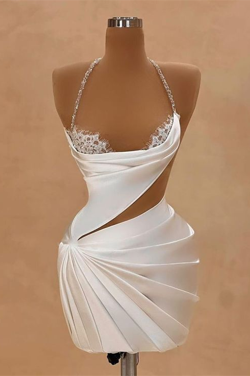 Chic Halter Sleeveless Homecoming  Dresses Mini Sheath Prom Dress Pleats With Beads