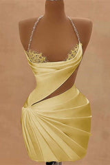 Chic Halter Sleeveless Homecoming  Dresses Mini Sheath Prom Dress Pleats With Beads