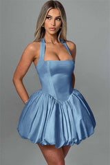 Charming Halter Satin Mini Homecoming Dresses Pleats Prom Dress Sleeveless On Sale