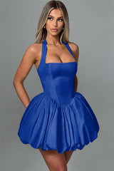Charming Halter Satin Mini Homecoming Dresses Pleats Prom Dress Sleeveless On Sale