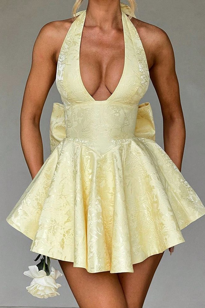 Classy Daffodil Halter V-Neck Mini Homecoming Dress Sleeveless A-Line With Bowknot
