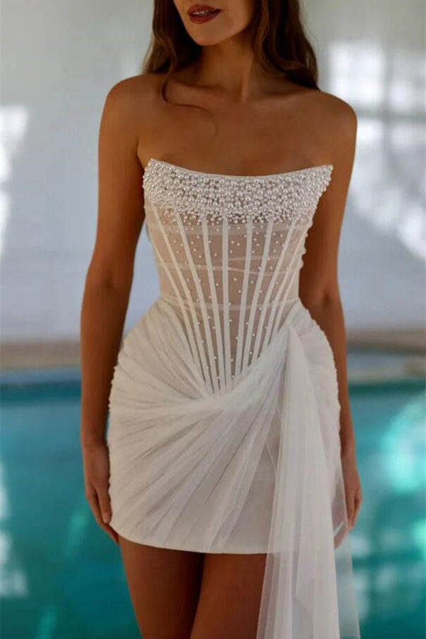 Gorgeous White Strapless Tulle Homecoming Dresses Sleeveless Prom Dress Mini Pleats With Pearls