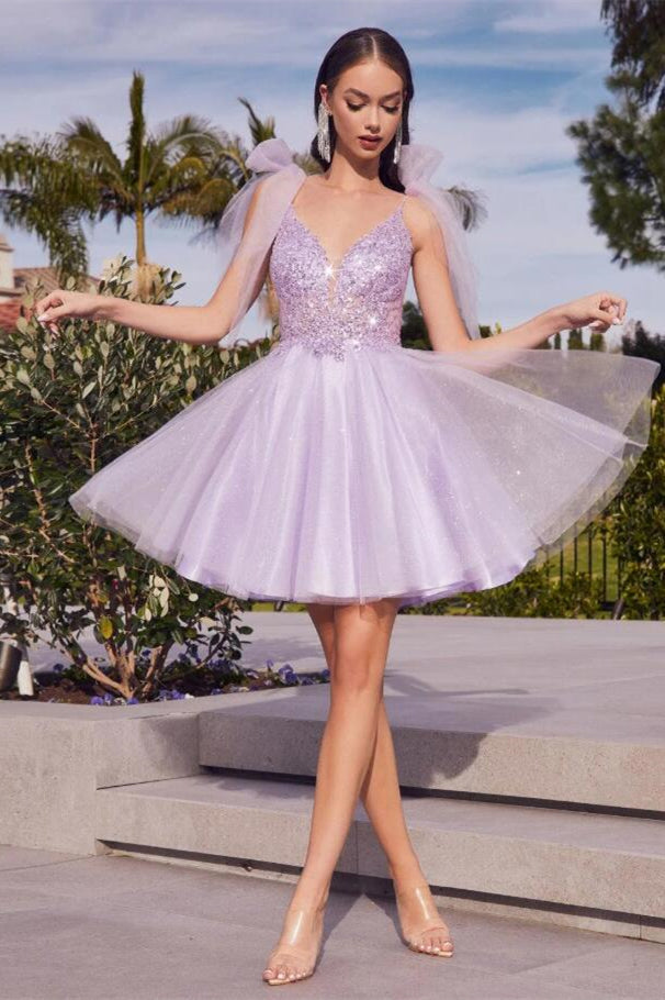Dazzling Lilac V-Neck Spaghetti-Straps Tulle Homecoming Dress A-Line Mini Sleeveless With Beads Bowknot