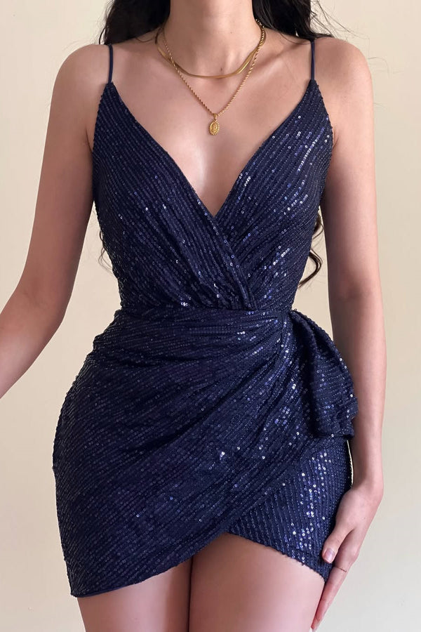 Sharking Navy Blue V-Neck Spaghetti-Straps Sequins Homecoming Dress Sleeveless Mini With Beads
