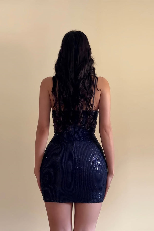 Sharking Navy Blue V-Neck Spaghetti-Straps Sequins Homecoming Dress Sleeveless Mini With Beads