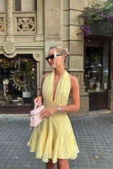 Glamorous Daffodil Halter V-Neck Chiffon Homecoming Dress Sleeveless Backless Mini A-Line With Ruffle