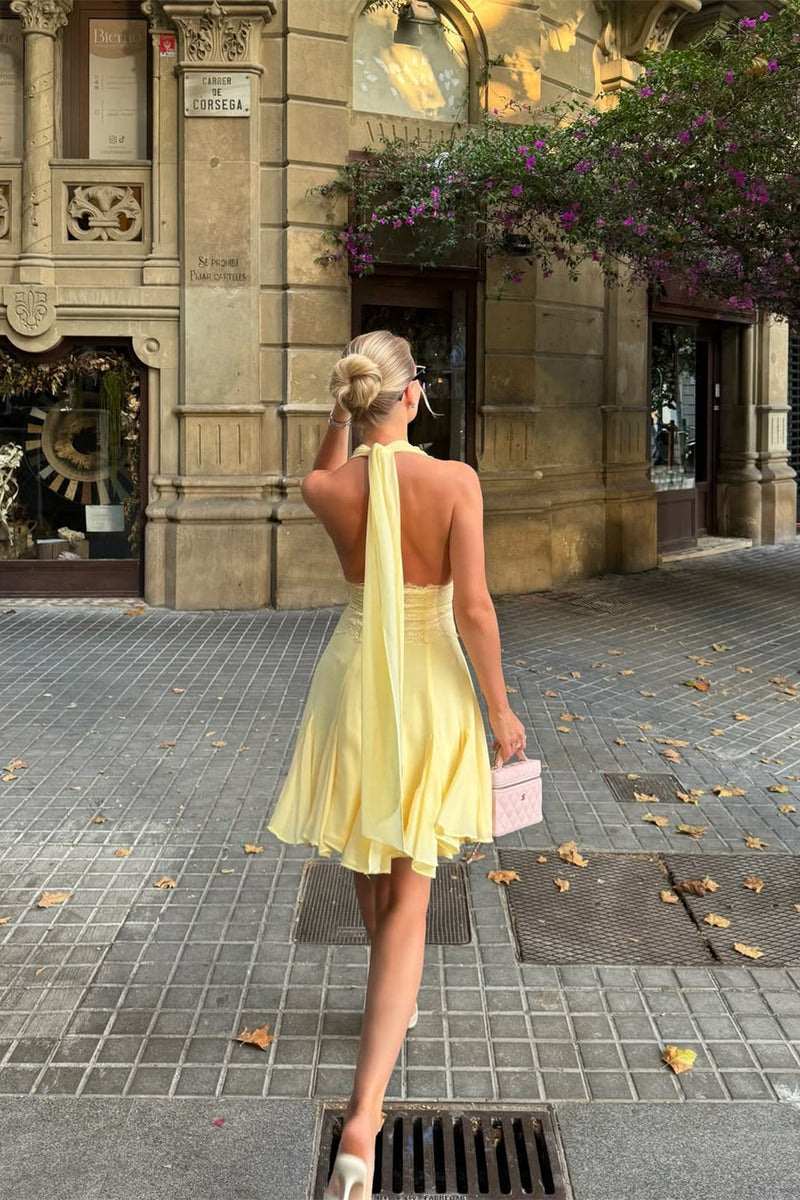 Glamorous Daffodil Halter V-Neck Chiffon Homecoming Dress Sleeveless Backless Mini A-Line With Ruffle