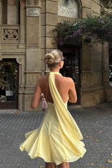 Glamorous Daffodil Halter V-Neck Chiffon Homecoming Dress Sleeveless Backless Mini A-Line With Ruffle