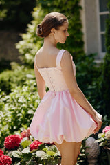 Pretty Pink Square Straps A-Line Satin Homecoming Dress Sleeveless Mini Lace-Up Back With Flower