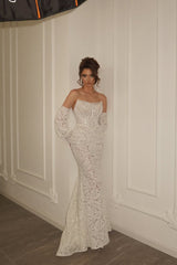 Elegant Strapless Mermaid Prom Dress Detachable Sleeve Long Lace With Pearl
