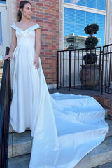 Charming V-Neck A-line Satin Wedding Dresses Sleeveless Long With Buttons Pleats