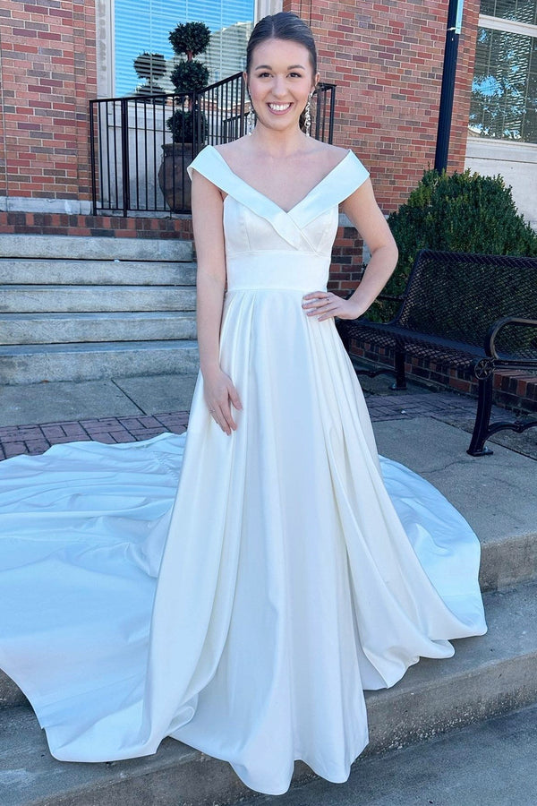 Charming V-Neck A-line Satin Wedding Dresses Sleeveless Long With Buttons Pleats
