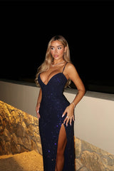 Shining Dark Navy V-Neck Spaghetti-Strap Sleeveless Prom Dresses Sequins With Side Split