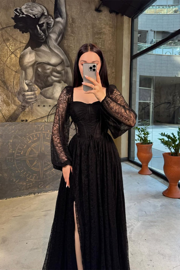 Chic Black Square Long Sleeve Prom Dress A-Line High Split On Sale