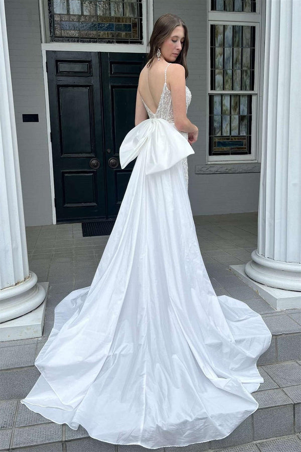Luxury V-Neck Spaghetti-Straps Sleeveless Wedding Dress High Slit Open Back With Beads Bowknot