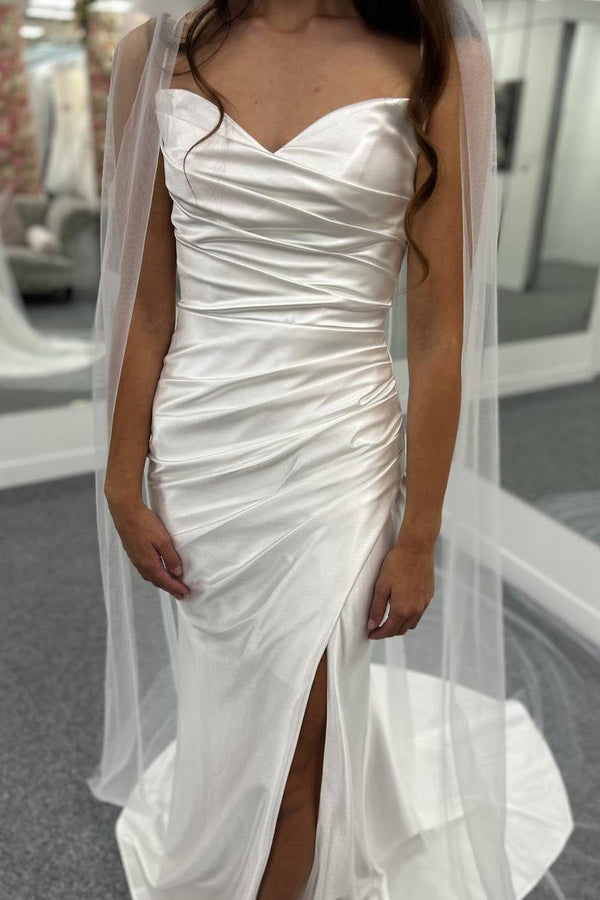 Glamorous Sweetheart Satin Mermaid Sleeveless Wedding Dresses Spaghetti-Straps Side Slit With Pleats