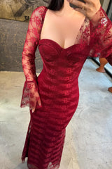 Classy Red Sweetheart Long Sleeve Prom Dress Mermaid Sheath Lace With Zipper