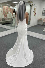 Glamorous Sweetheart Satin Mermaid Sleeveless Wedding Dresses Spaghetti-Straps Side Slit With Pleats