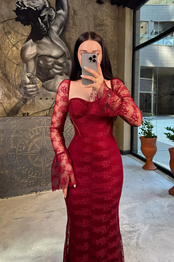 Classy Red Sweetheart Long Sleeve Prom Dress Mermaid Sheath Lace With Zipper