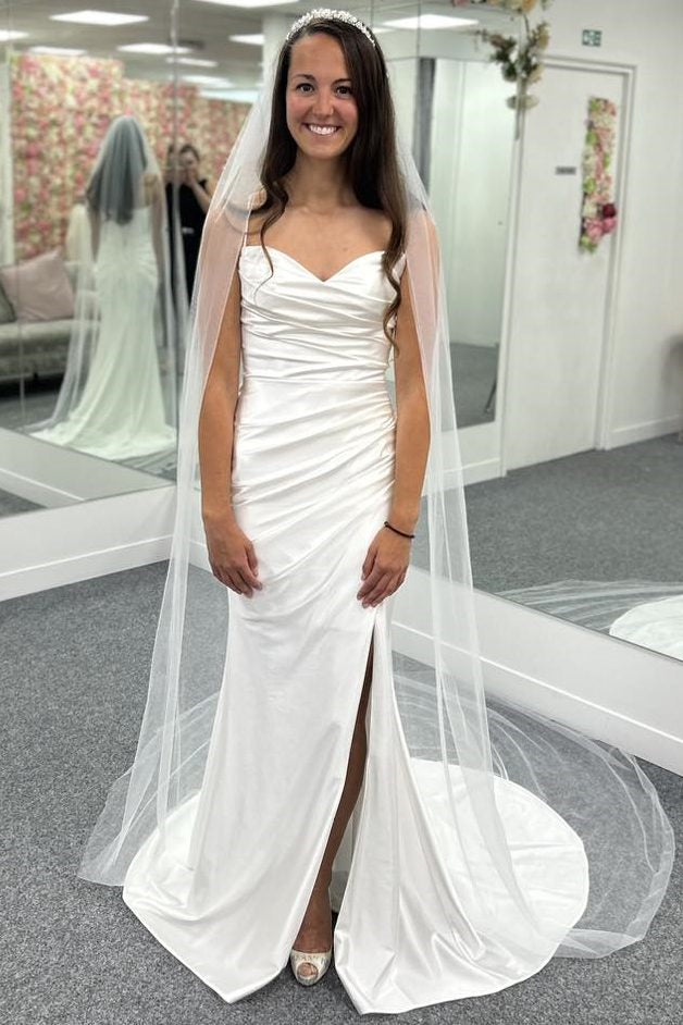 Glamorous Sweetheart Satin Mermaid Sleeveless Wedding Dresses Spaghetti-Straps Side Slit With Pleats