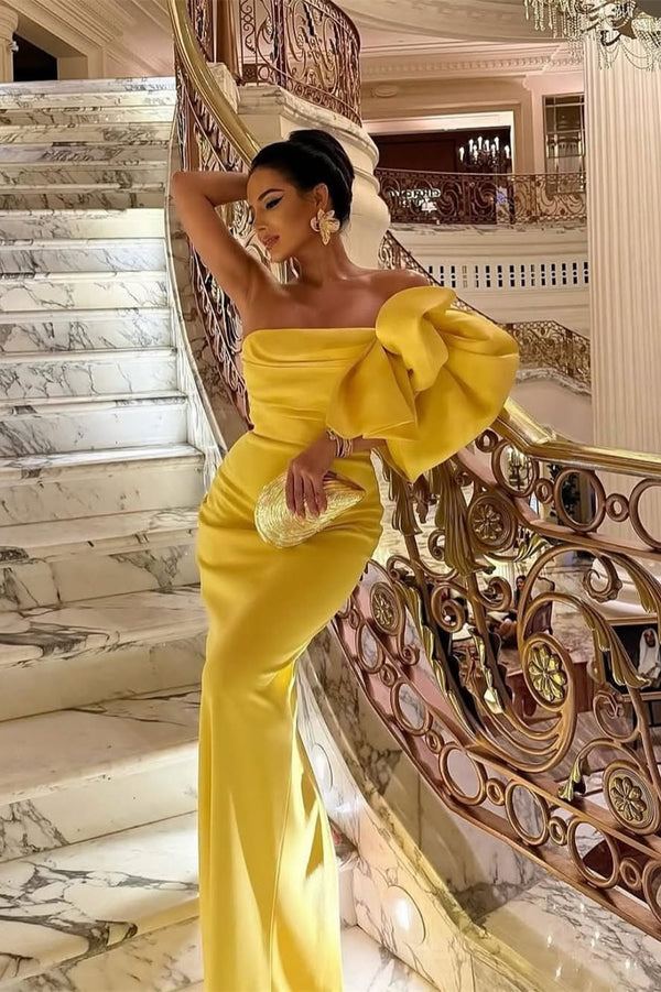 Pretty Yellow Strapless Mermaid Satin Prom Dress Sleeveless Long On Sale