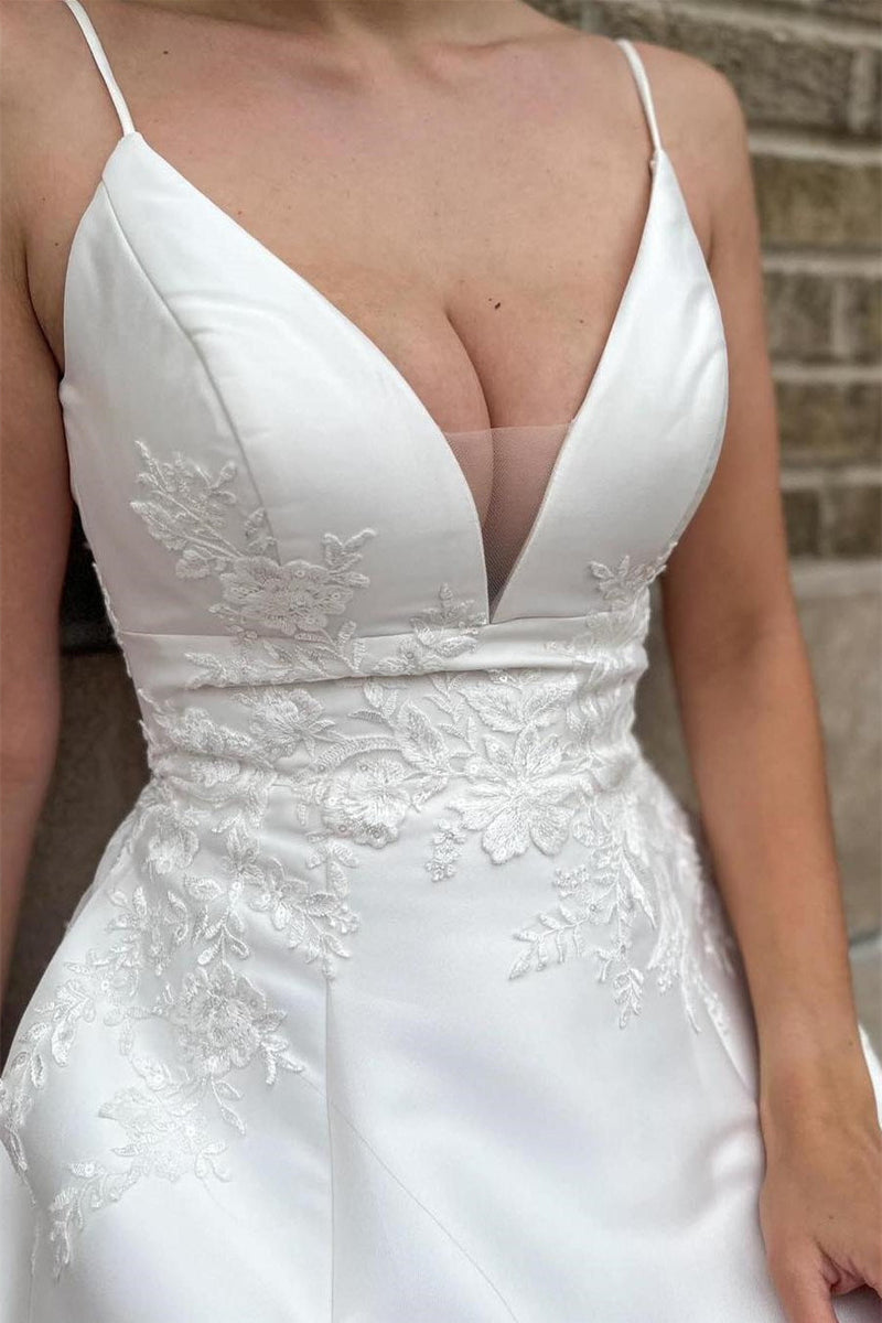 Beautiful V-Neck Spaghetti-Straps A-Line Wedding Dresses Satin Open Back With Appliques Lace Buttons