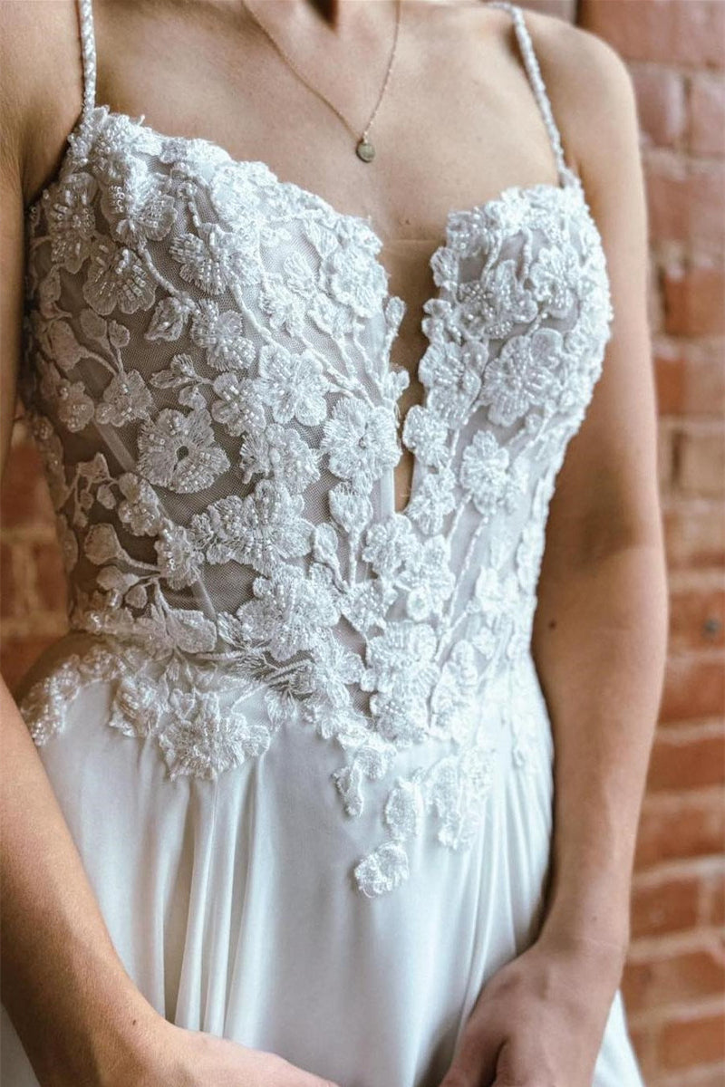Pretty Chiffon Sleeveless Spaghetti-Straps Wedding Dresses Appliques Lace Open Back With Side Slit Beads