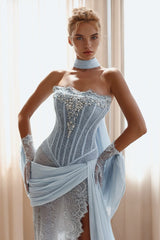 Charming Sky Blue Strapless Sleeveless Prom Dress High Split Gem With Ruffle